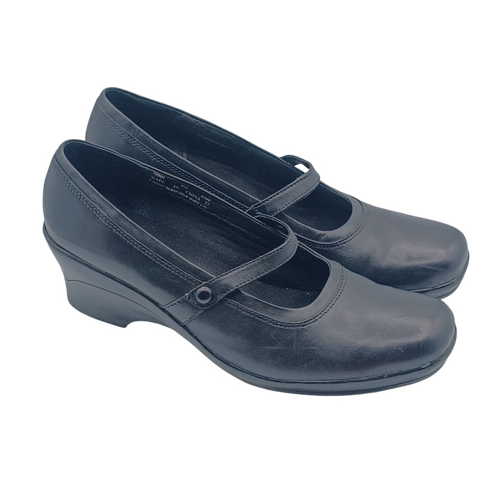 Clarks Mary Jane Wedges Womens 9M Black Leather Strap‎ Heels 79509 NEW